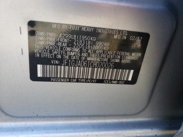 Photo 10 from auction – 2012 SUBARU IMPREZA PR with VIN JF1GJAD61CH020026