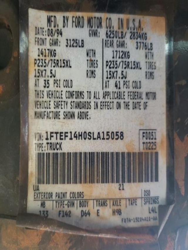 Photo 10 from auction – 1995 FORD F150 with VIN 1FTEF14H0SLA15058