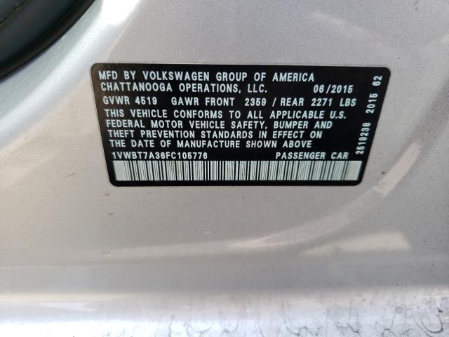 Photo 10 from auction – 2015 VOLKSWAGEN PASSAT SE with VIN 1VWBT7A36FC105776
