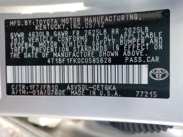 Photo 10 from auction – 2012 TOYOTA CAMRY BASE with VIN 4T1BF1FK0CU585628