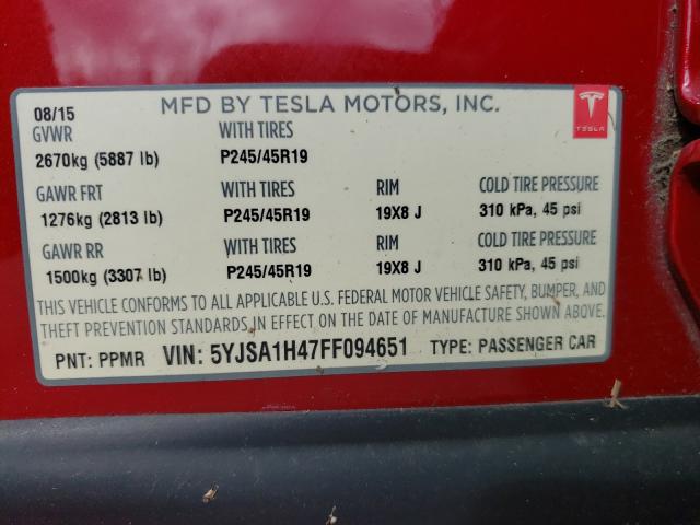 Photo 10 from auction – 2015 TESLA MODEL S P8 with VIN 5YJSA1H47FF094651