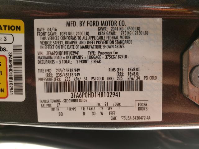 Photo 10 from auction – 2017 FORD FUSION SE with VIN 3FA6P0HD1HR102941