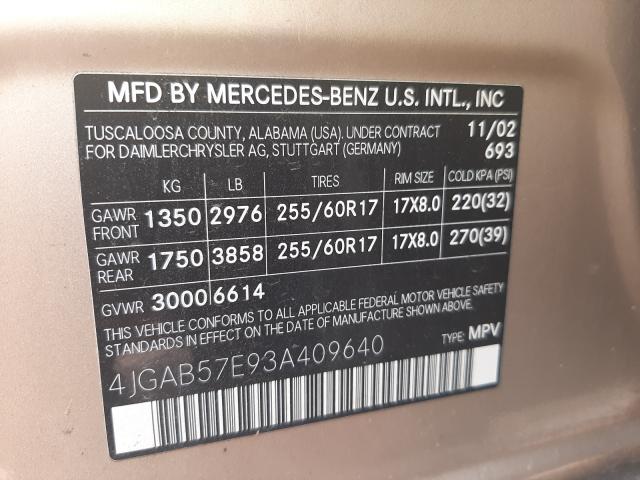 Photo 10 from auction – 2003 MERCEDES-BENZ M-CLASS with VIN 4JGAB57E93A409640