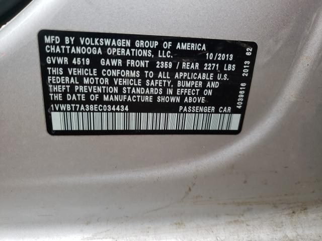 Photo 10 from auction – 2014 VOLKSWAGEN PASSAT SE with VIN 1VWBT7A38EC034434
