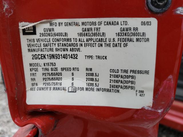 Photo 10 from auction – 2003 CHEVROLET SILVERADO with VIN 2GCEK19N931401432