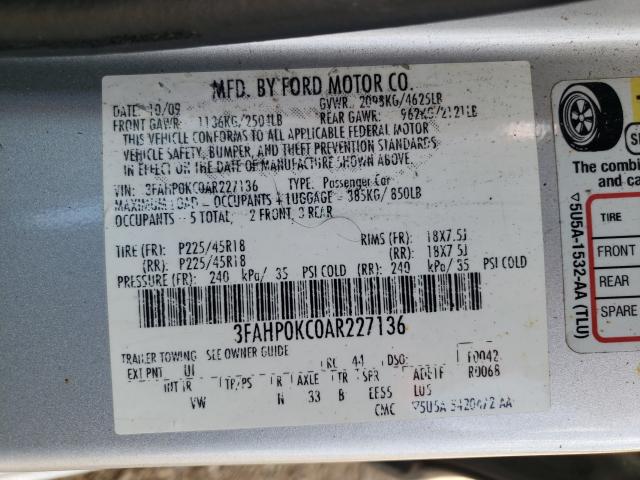 Photo 10 from auction – 2010 FORD FUSION SPO with VIN 3FAHP0KC0AR227136