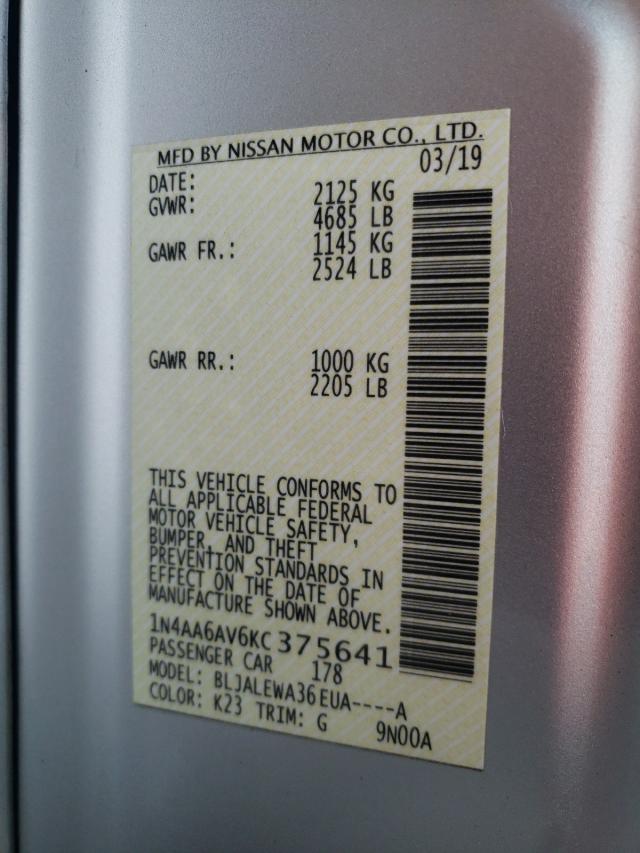 Photo 10 from auction – 2019 NISSAN MAXIMA S with VIN 1N4AA6AV6KC375641
