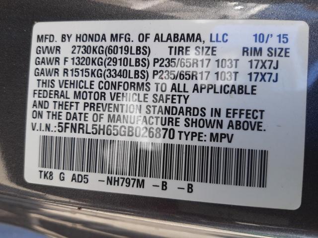 Photo 10 from auction – 2016 HONDA ODYSSEY EX with VIN 5FNRL5H65GB026870
