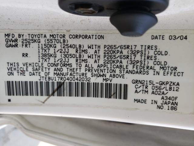 Photo 10 from auction – 2004 TOYOTA 4RUNNER LI with VIN JTEBU17R040042032