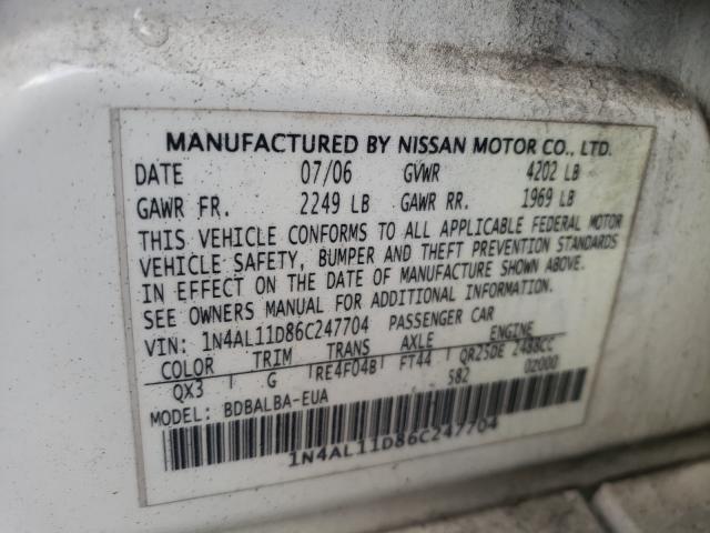 Photo 10 from auction – 2006 NISSAN ALTIMA S with VIN 1N4AL11D86C247704