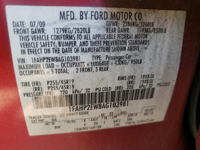 Photo 10 from auction – 2010 FORD TAURUS SEL with VIN 1FAHP2EW8AG103981