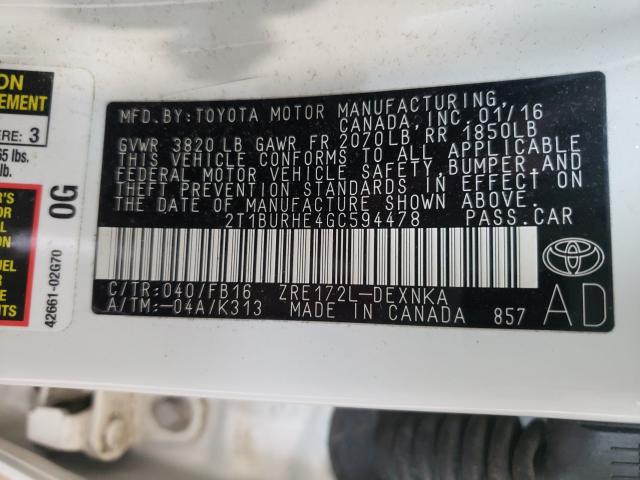 Photo 10 from auction – 2016 TOYOTA COROLLA L with VIN 2T1BURHE4GC594478