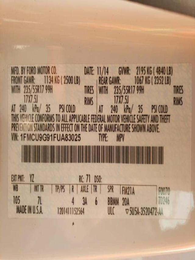 Photo 10 from auction – 2015 FORD ESCAPE SE with VIN 1FMCU9G91FUA83025