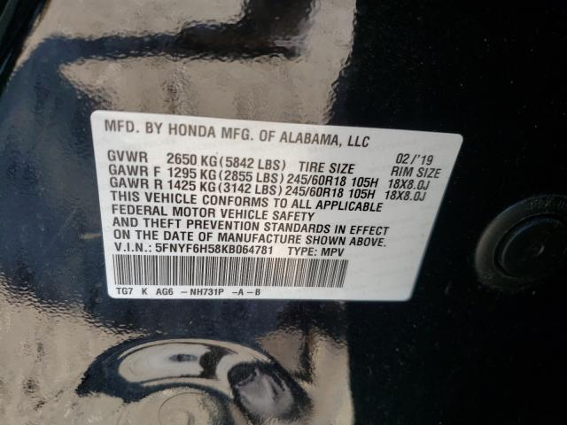 Photo 10 from auction – 2019 HONDA PILOT EXL with VIN 5FNYF6H58KB064781