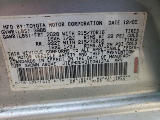 Photo 10 from auction – 2001 TOYOTA RAV4 with VIN JTEHH20V310061374