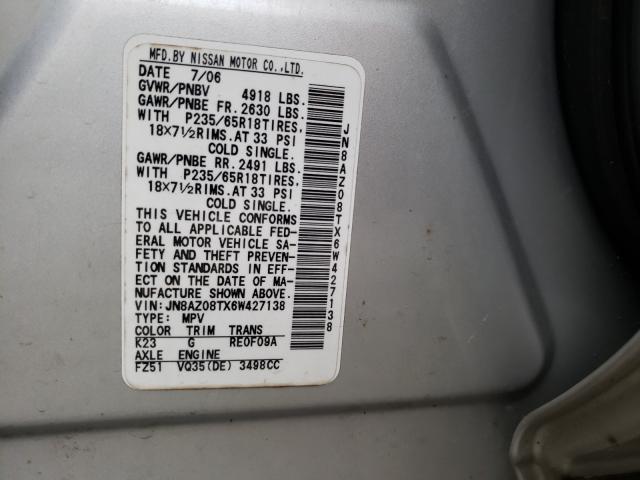 Photo 10 from auction – 2006 NISSAN MURANO SL with VIN JN8AZ08TX6W427138