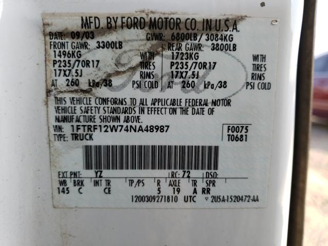 Photo 10 from auction – 2004 FORD F150 2WD with VIN 1FTRF12W74NA48987