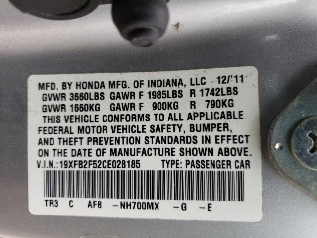Photo 10 from auction – 2012 HONDA CIVIC LX with VIN 19XFB2F52CE028185