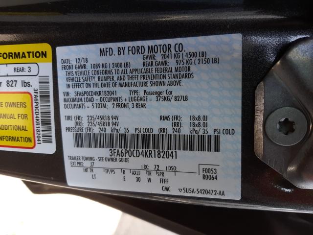 Photo 10 from auction – 2019 FORD FUSION SEL with VIN 3FA6P0CD4KR182041