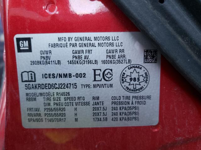 Photo 10 from auction – 2012 BUICK ENCLAVE with VIN 5GAKRDED6CJ224715