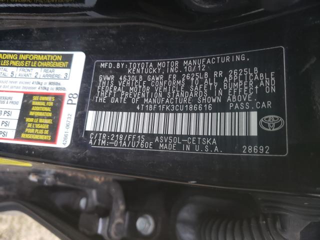 Photo 10 from auction – 2012 TOYOTA CAMRY BASE with VIN 4T1BF1FK3CU186616
