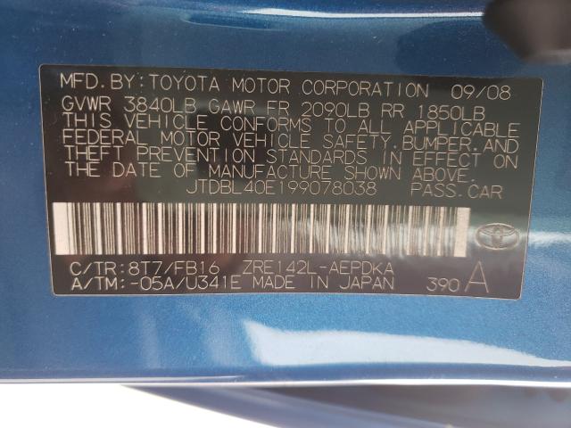 Photo 10 from auction – 2009 TOYOTA COROLLA BA with VIN JTDBL40E199078038