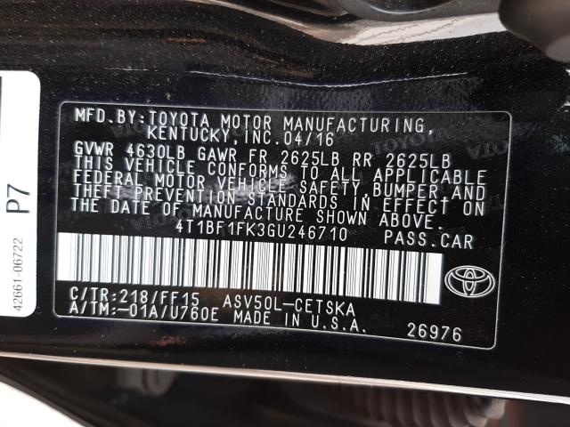 Photo 10 from auction – 2016 TOYOTA CAMRY LE with VIN 4T1BF1FK3GU246710