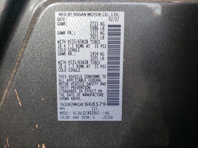 Photo 10 from auction – 2017 NISSAN PATHFINDER with VIN 5N1DR2MN1HC668579