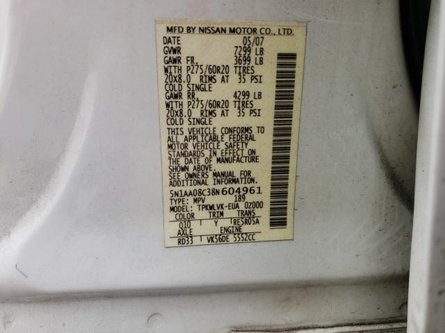 Photo 10 from auction – 2008 NISSAN ARMADA SE with VIN 5N1AA08C38N604961