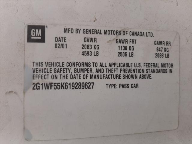 CHEVROLET IMPALA 2001 with VIN 2G1WF55K619289627 - Photo from auction
