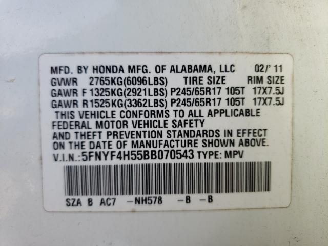 Photo 10 from auction – 2011 HONDA PILOT with VIN 5FNYF4H55BB070543
