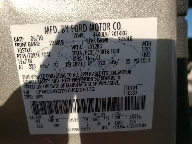 Photo 10 from auction – 2010 FORD ESCAPE XLT with VIN 1FMCU0D70AKD26732