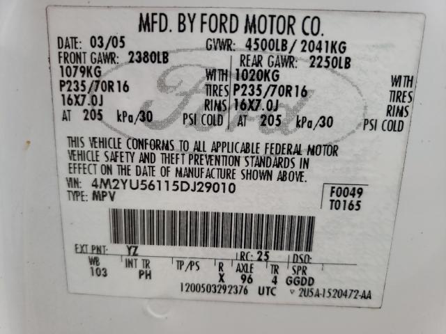 Photo 10 from auction – 2005 MERCURY MARINER with VIN 4M2YU56115DJ29010
