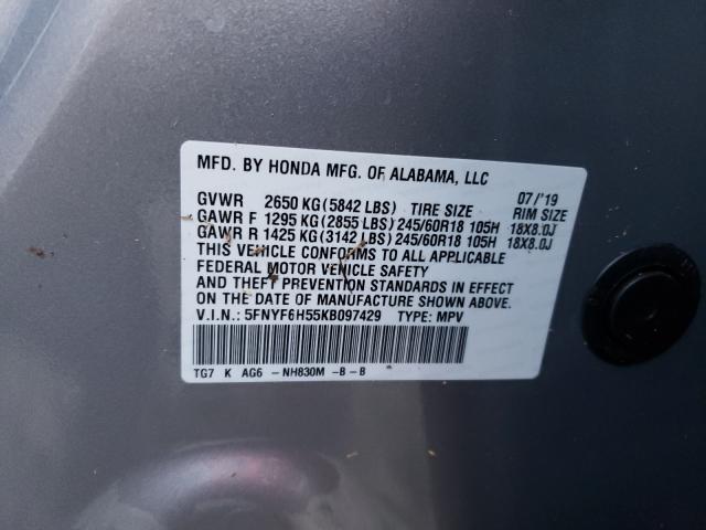 Photo 10 from auction – 2019 HONDA PILOT EXL with VIN 5FNYF6H55KB097429