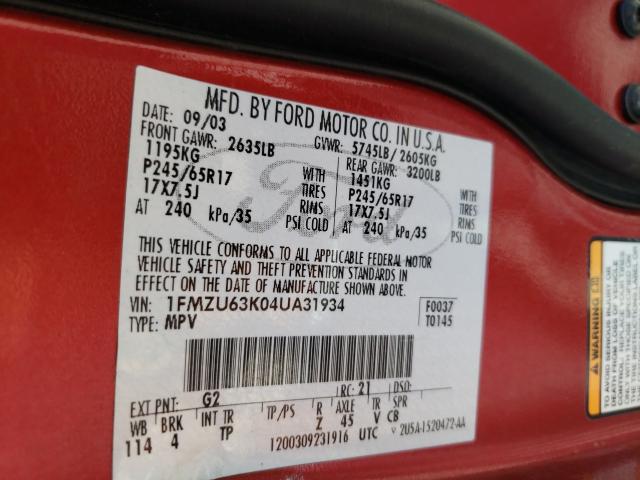 Photo 10 from auction – 2004 FORD EXPLORER X with VIN 1FMZU63K04UA31934