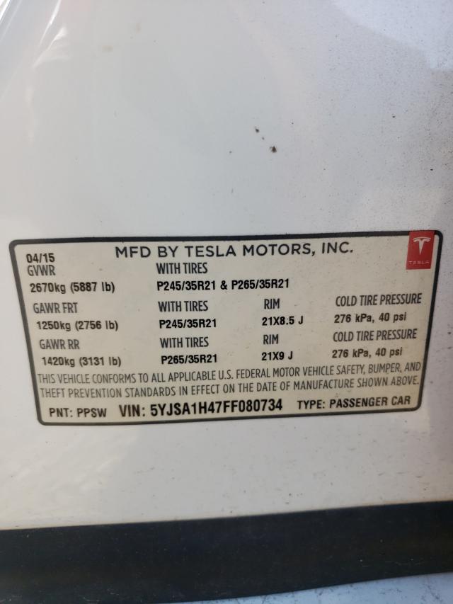 Photo 10 from auction – 2015 TESLA MODEL S P8 with VIN 5YJSA1H47FF080734