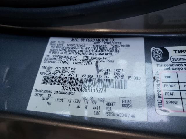 Photo 10 from auction – 2011 FORD FUSION SE with VIN 3FAHP0HA3BR155274