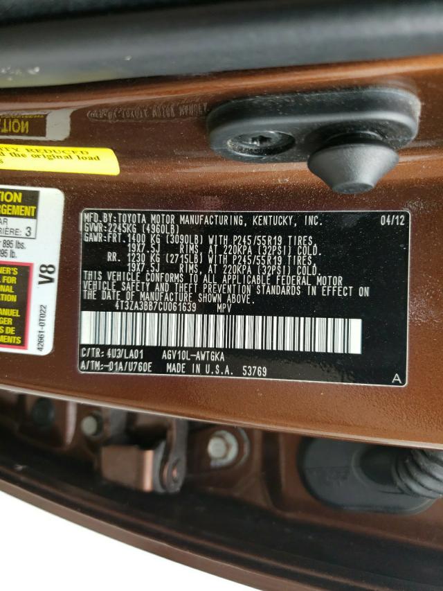 Photo 10 from auction – 2012 TOYOTA VENZA LE with VIN 4T3ZA3BB7CU061639