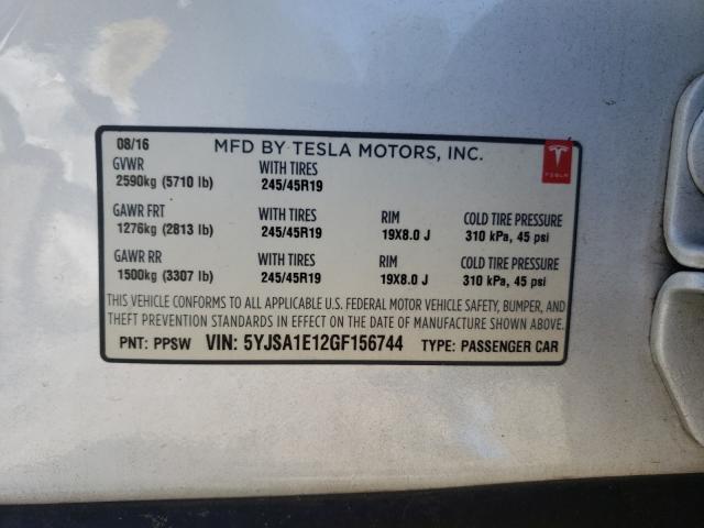 Photo 10 from auction – 2016 TESLA MODEL S with VIN 5YJSA1E12GF156744