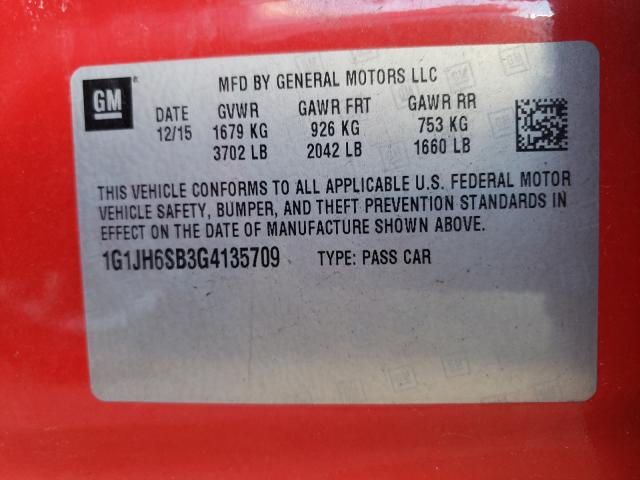 Photo 10 from auction – 2016 CHEVROLET SONIC RS with VIN 1G1JH6SB3G4135709