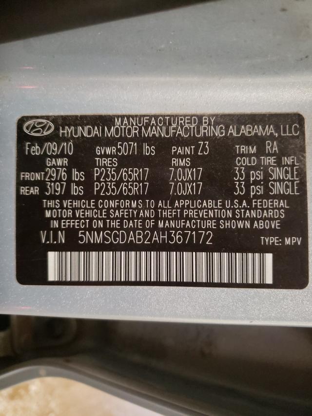 Photo 10 from auction – 2010 HYUNDAI SANTA FE G with VIN 5NMSGDAB2AH367172