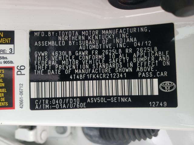 Photo 10 from auction – 2012 TOYOTA CAMRY BASE with VIN 4T4BF1FK4CR212341
