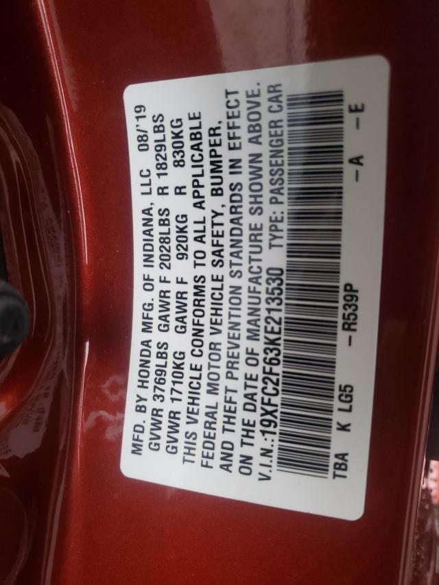 Photo 10 from auction – 2019 HONDA CIVIC LX with VIN 19XFC2F63KE213530