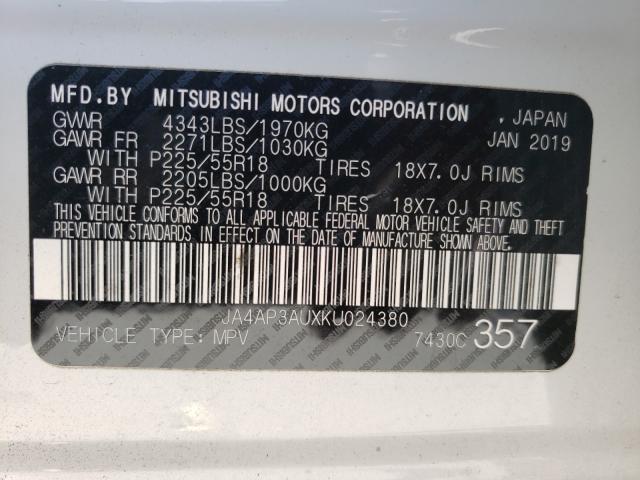Photo 10 from auction – 2019 MITSUBISHI OUTLANDER with VIN JA4AP3AUXKU024380