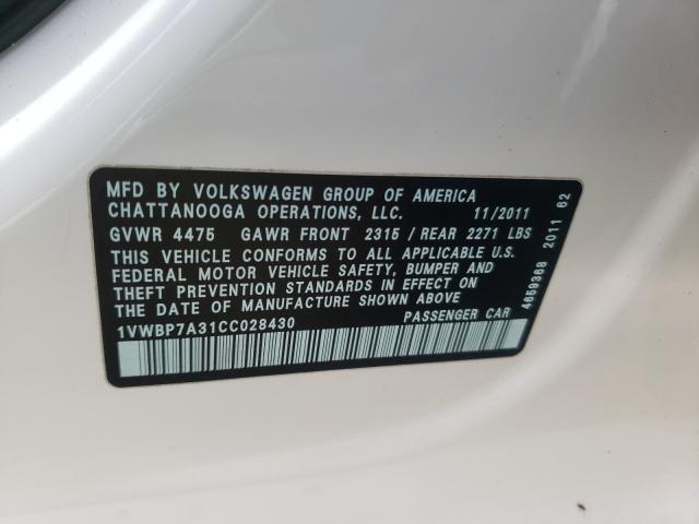 Photo 10 from auction – 2012 VOLKSWAGEN PASSAT SE with VIN 1VWBP7A31CC028430