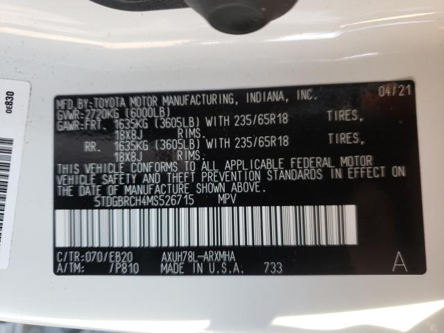 Photo 10 from auction – 2021 TOYOTA HIGHLANDER with VIN 5TDGBRCH4MS526715