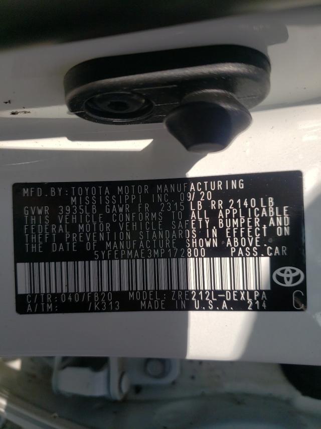 Photo 10 from auction – 2021 TOYOTA COROLLA LE with VIN 5YFEPMAE3MP172800