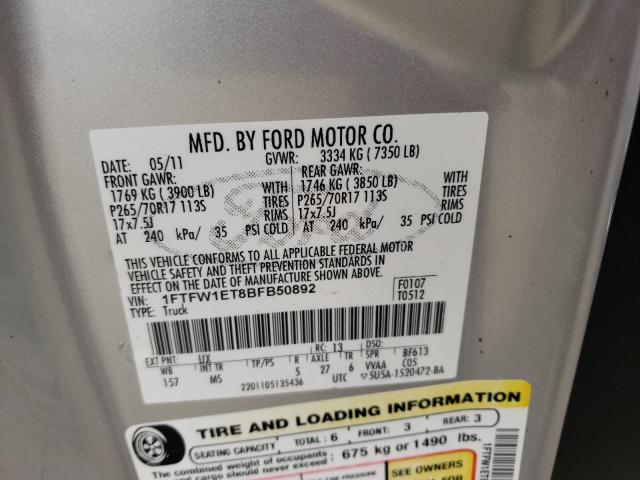 Zdjęcie 10 z aukcji – 2011 FORD F150 SUPER z VIN 1FTFW1ET8BFB50892