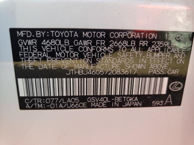 Photo 10 from auction – 2007 LEXUS ES 350 with VIN JTHBJ46G572083617