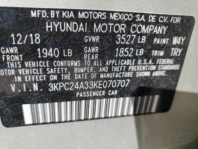 Photo 10 from auction – 2019 HYUNDAI ACCENT SE with VIN 3KPC24A33KE070707